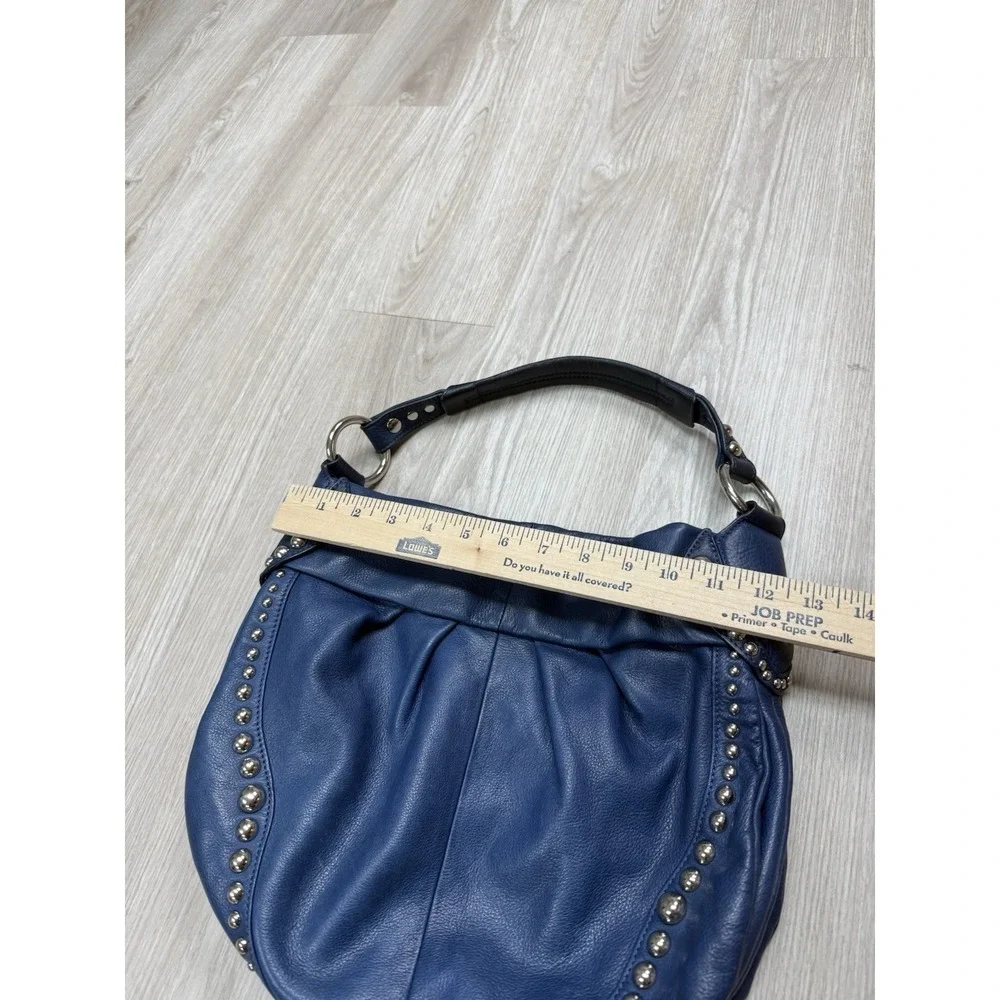 B Makowsky Blue Pebbled 100% Genuine Leather Studded Hobo Bag Purse Grunge Punk